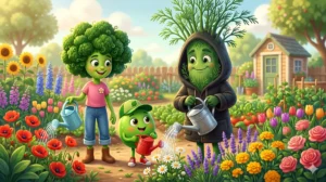 Bea Brokkoli, Emil Erbse und Dr. Dunkel gießen gemeinsam Blumen im sonnigen Gemüseland
