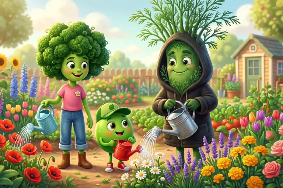 Bea Brokkoli, Emil Erbse und Dr. Dunkel gießen gemeinsam Blumen im sonnigen Gemüseland